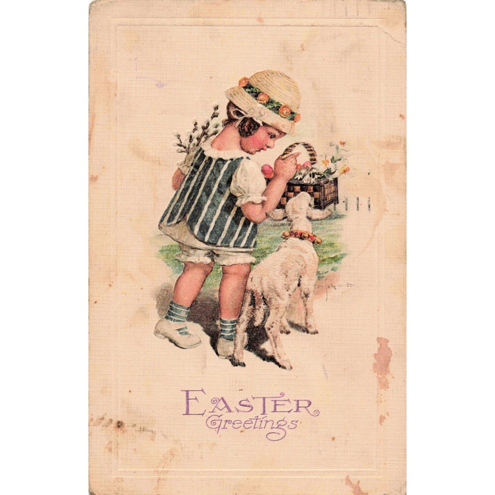Easter Greetings Postcard Child Lamb Basket 1922 Embossed Germany Divided Back